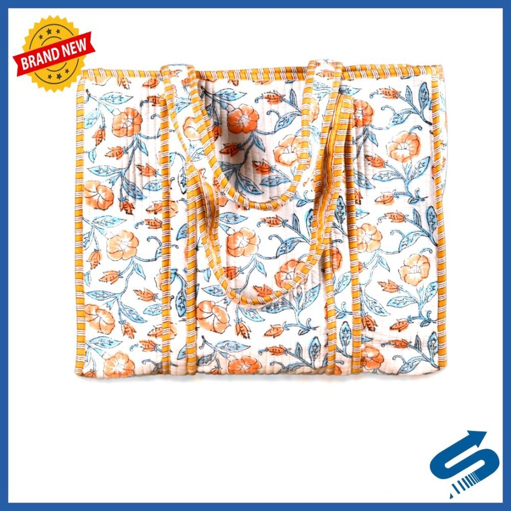 Hand Block Print Quilted Cotton Tote Bag Eco-Friendly Shoulder Bag